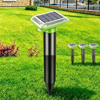 Solar Powered Animal Ground Stakes 4 Pack, Vibration & Pulse Sound Device, IP66 Waterproof for Lawn Yard Outdoor, Green