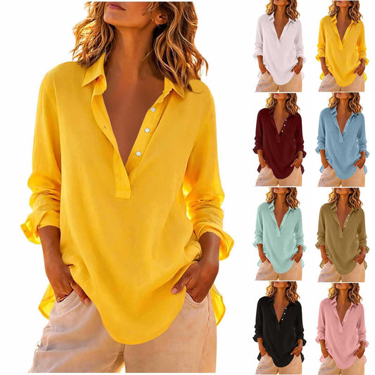 Cotton Tshirt Women Women's Cotton V-Neck Tunic Shirts Long Sleeve Rolled Casual Blouses Half Button Down Casual Loose Fit Lapel Tops Yellow Small