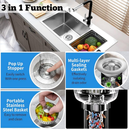 3-in-1 Stainless Steel Kitchen Sink Strainer Stopper – Upgraded Drain Filter Plug with Anti-Clog Food Basket & Quick Drain Odor Blocker for Standard 3.5 Inch Sinks, Silver