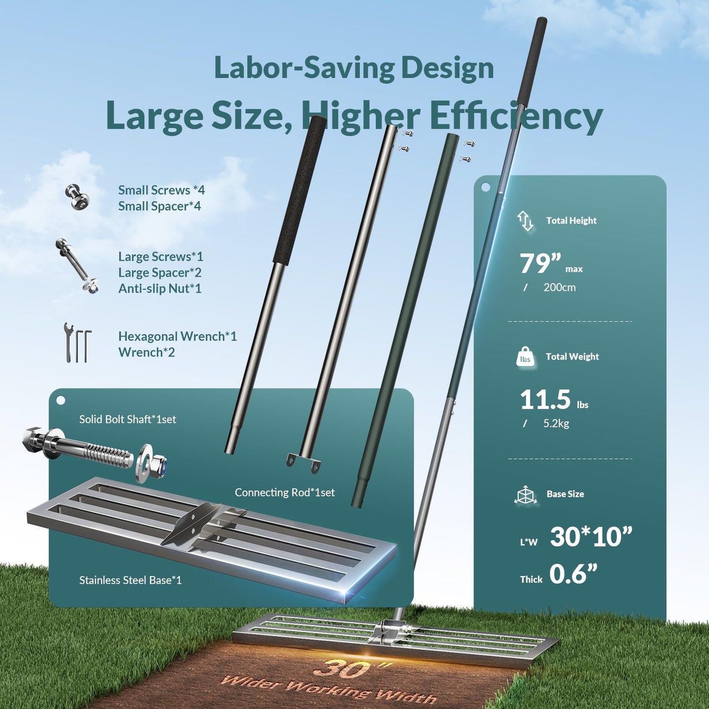 Professional 30" x 10" Lawn Leveling Rake - Upgraded 304 Stainless Steel Yard Lute with 79" Extra-Long Handle & Full-Closed Base Design - Heavy Duty Soil Leveler for Grass, Sand, & Compost