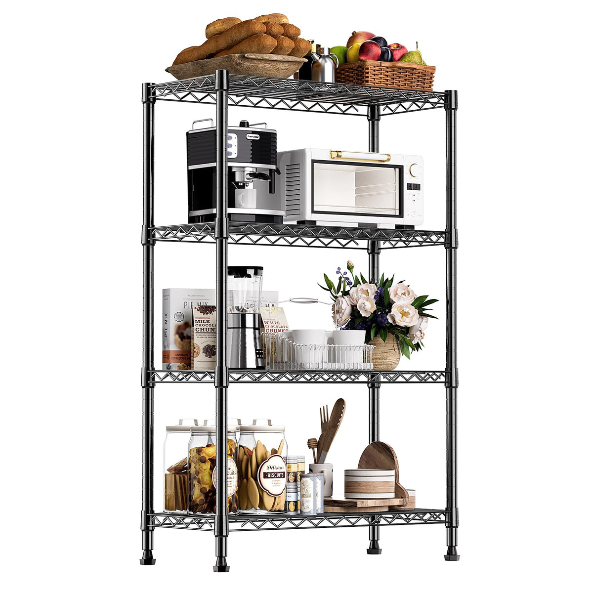 MZG 1000 lbs Storage Shelving Steel Heavy Duty 4-Tier Utility Shelving Unit Steel Organizer Wire Rack for Home,Kitchen,Office,Black 35 D x 60 W x 135.8 H (cm)