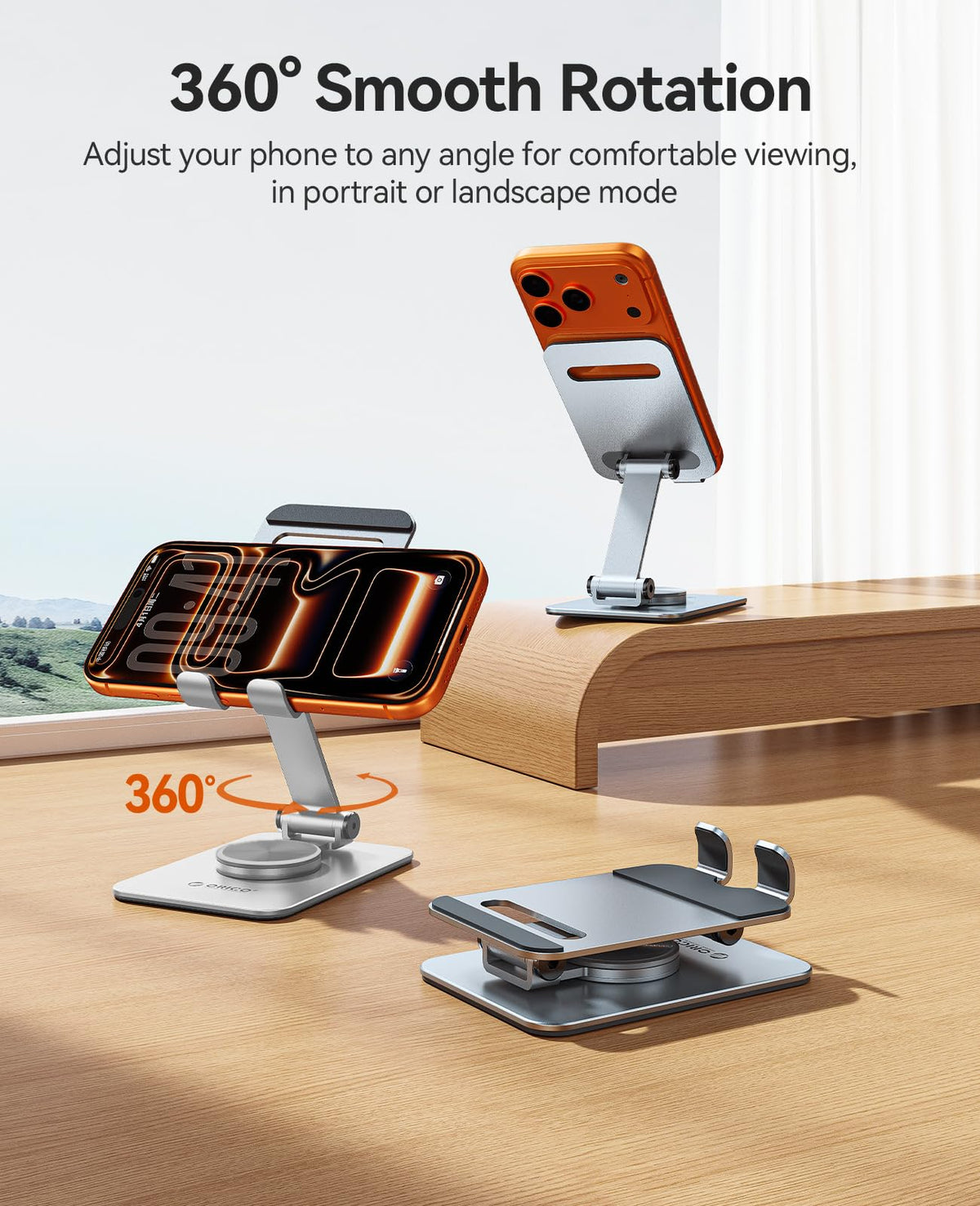 ORICO Aluminum Phone Stand for Desk, Adjustable Metal Phone Holder with Stable Support and Smooth 360° Rotation for Smartphones up to 6.9 Inches – Silver (PS2)