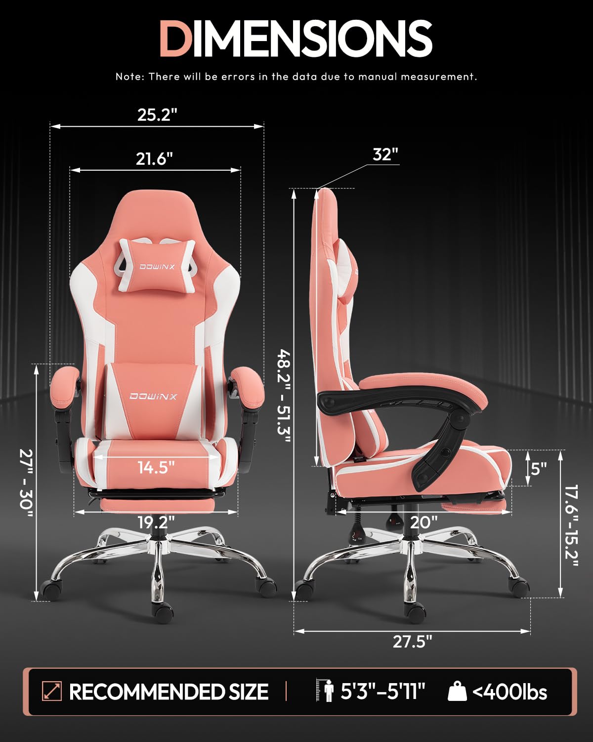 Ergonomic Gaming Chair with Footrest, Heavy Duty 330lbs Office Chair, Massage Lumbar Support, Adjustable Height & Headrest Pillow, Comfortable for Back Pain Relief, Streaming, Long Gaming, Pink