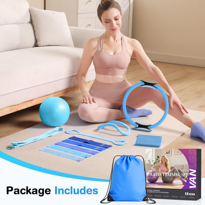 Vanlgs Pilates Kit 13Pcs Home Pilates Essentials Workout Kit with 13" Ring, 10" Ball and Resistance Bands for Women at Home Pilates Equipment Set for Beginners（Blue and White）