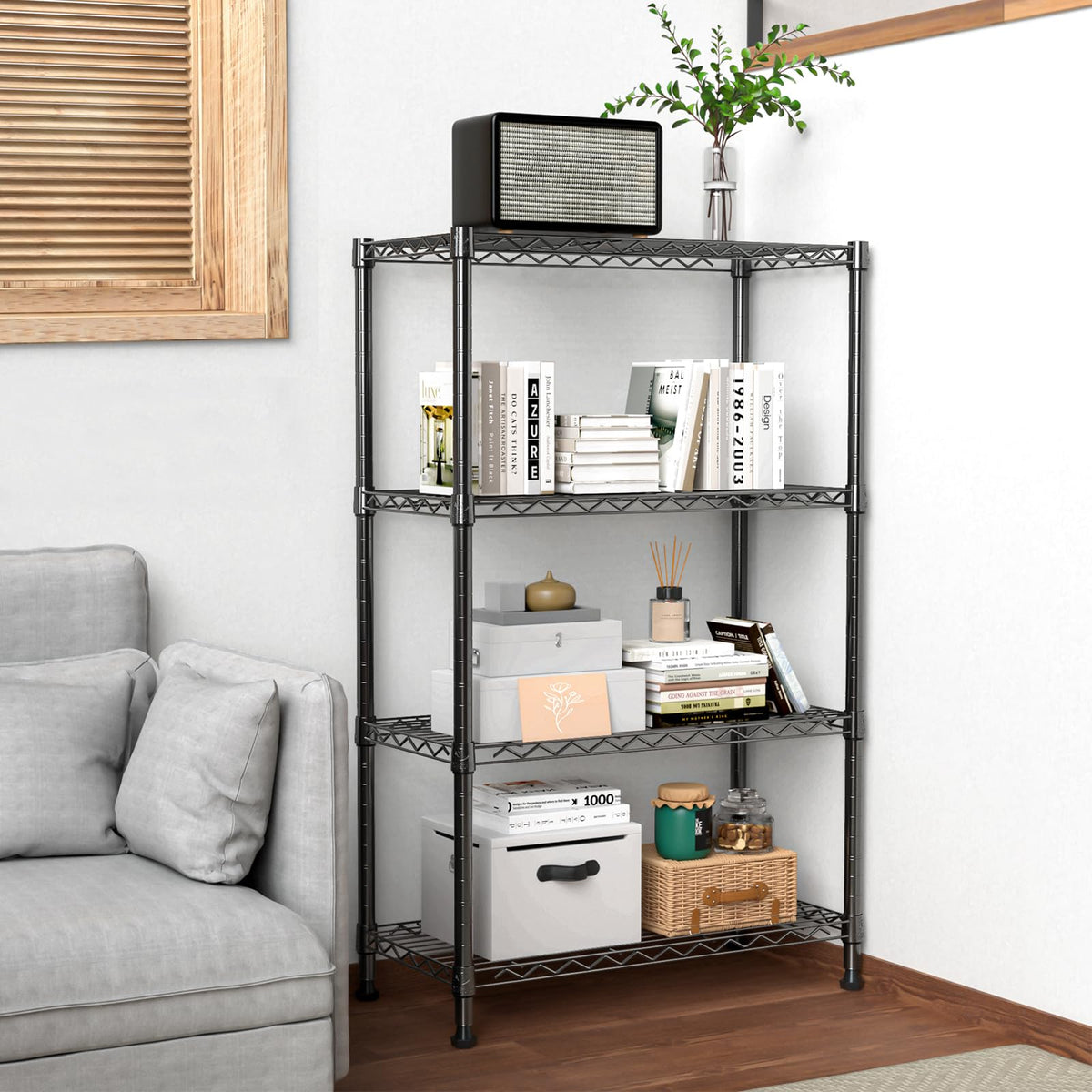 MZG 1000 lbs Storage Shelving Steel Heavy Duty 4-Tier Utility Shelving Unit Steel Organizer Wire Rack for Home,Kitchen,Office,Black 35 D x 60 W x 135.8 H (cm)