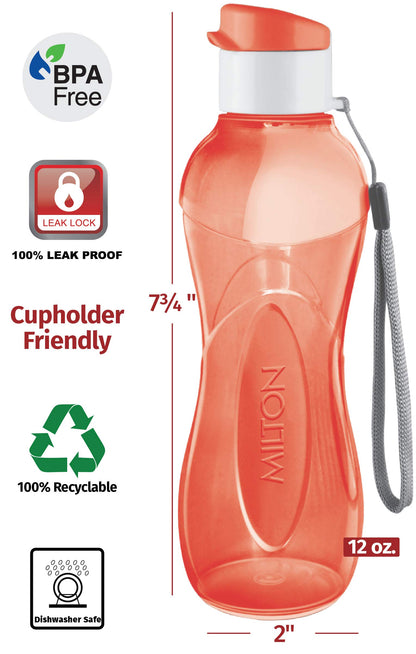 MILTON Water Bottle Kids Reusable Leakproof 12 Oz Plastic Wide Mouth Large Big Drink Bottle BPA & Leak Free with Handle Strap Carrier for Cycling Camping Hiking Gym Yoga - Set of 6