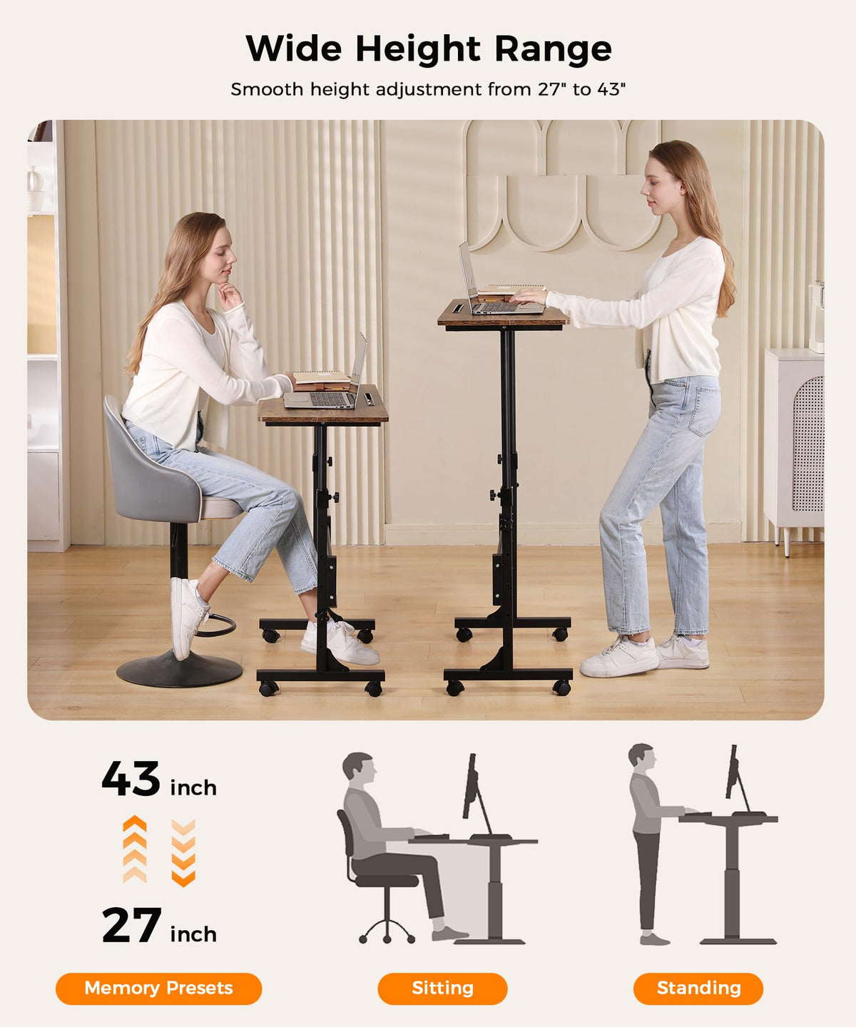 Small Standing Desk Adjustable Height 32 Inch Mobile Sit Stand up Desk Portable Rolling with Wheels Standing for Walking pad Treadmill Rustic