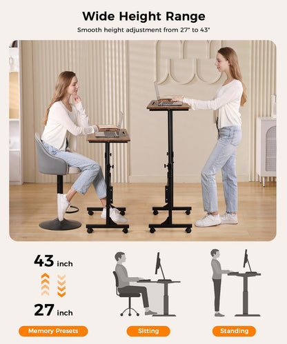 Small Standing Desk Adjustable Height 32 Inch Mobile Sit Stand up Desk Portable Rolling with Wheels Standing for Walking pad Treadmill Rustic