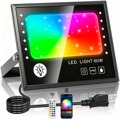 Led Flood Light Outdoor 600W Equivalent 6000LM, RGB Color Changing Floodlight with APP Control, Bluetooth RGB Smart Floodlights 16 Million Colors & 2700K, DIY Scenes-Timing-Music Sync, IP66,US 3-Plug