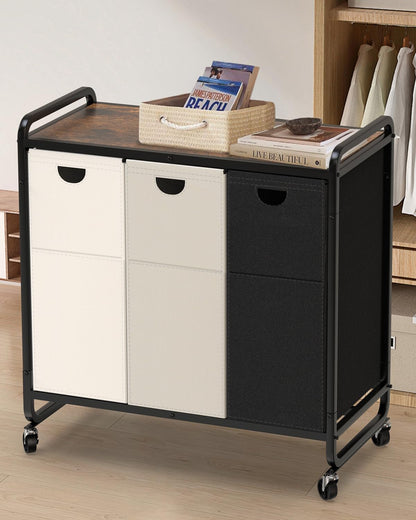Laundry Basket with Wheels, Laundry Organizer with Large Wooden Desktop Sorter, Laundry Sorter with 3×15.8 Gal (60L) 900D Oxford Fabric Laundry Bags, Laundry Hamper 3 Section (Black-Gray-White-New)