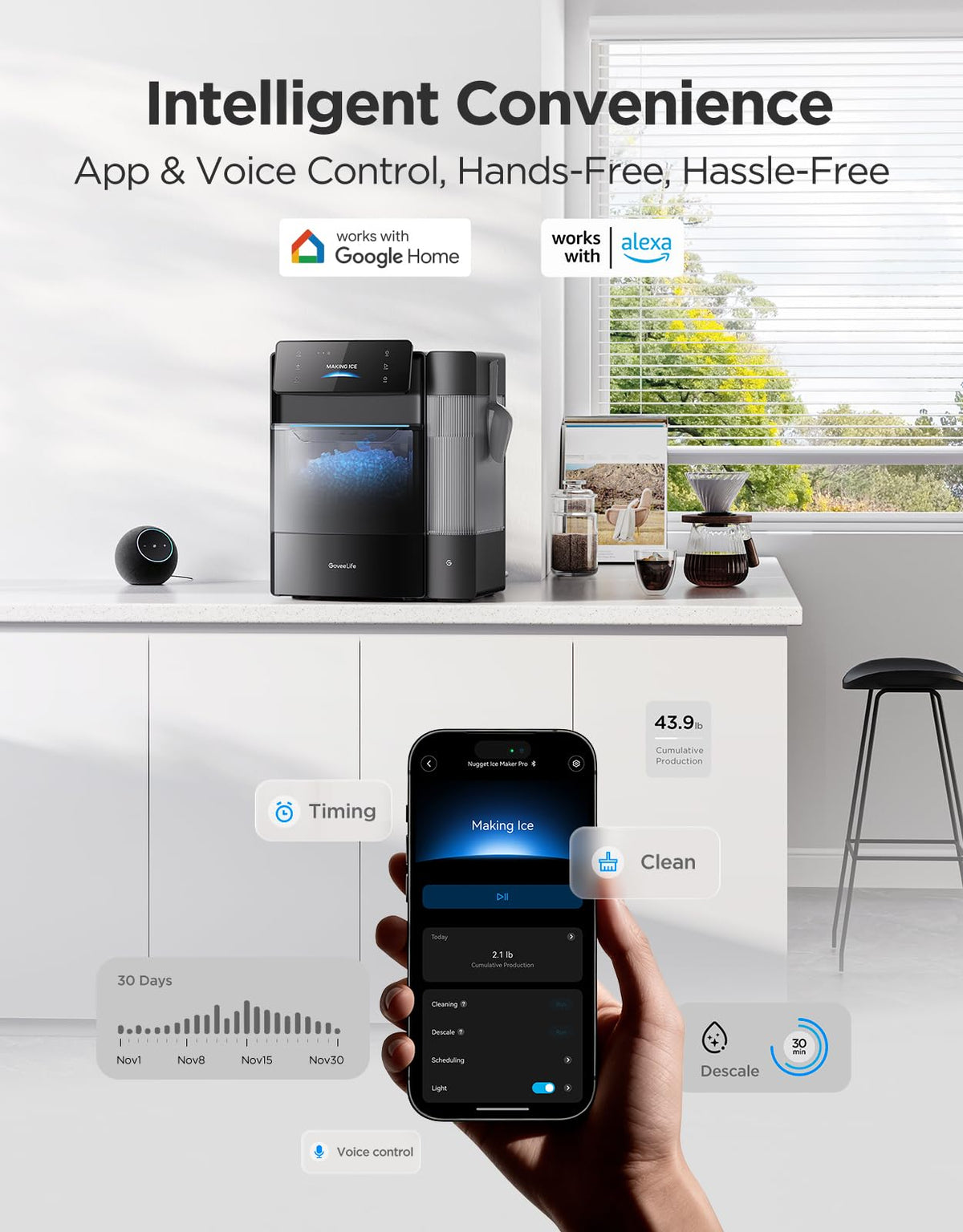 GoveeLife Smart Nugget Ice Maker Pro, 60lbs Daily, 6-Minute Ice, 40dB