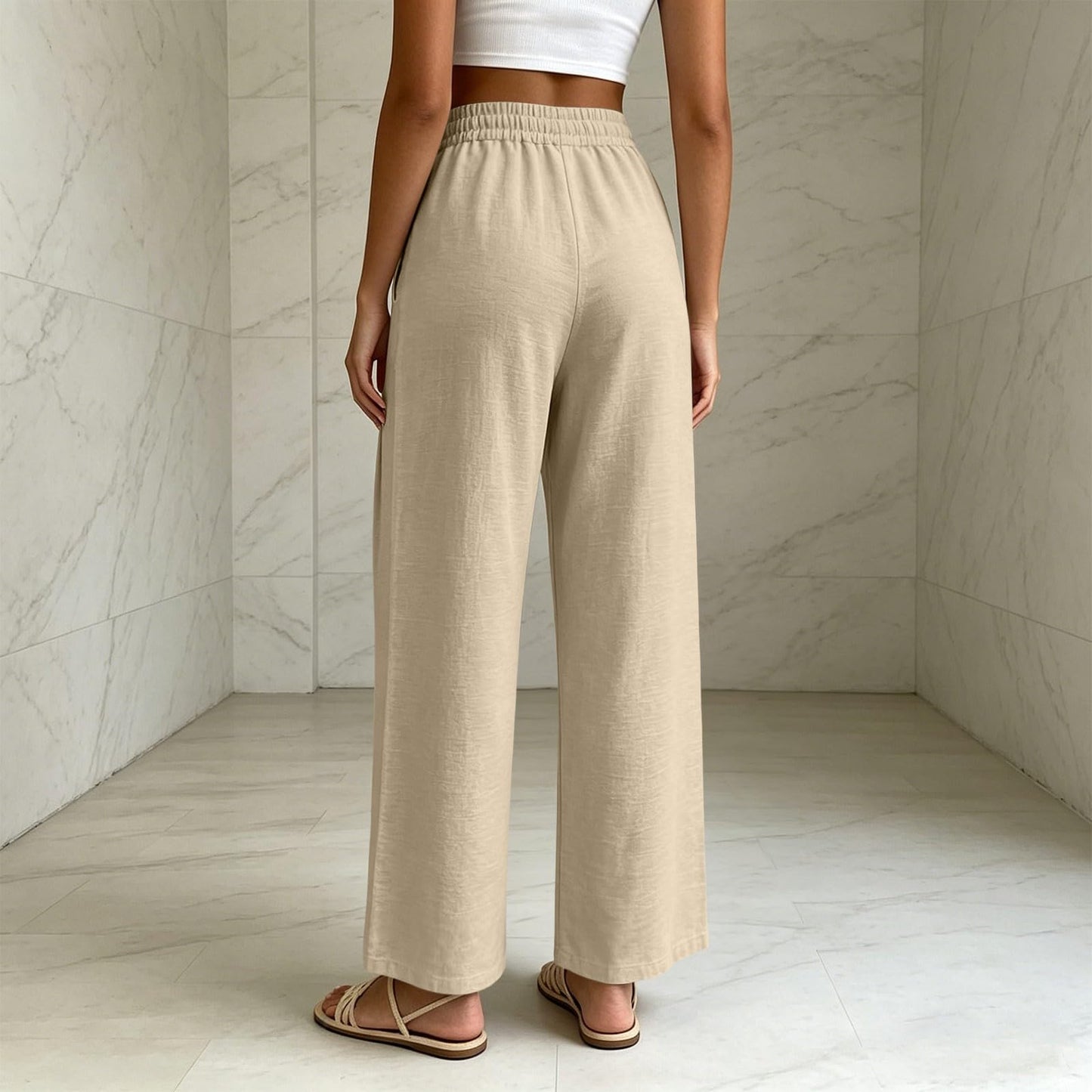 Linen Pants for Women Summer Straight Wide Leg Casual Palazzo Trousers Drawstring Comfy Casual Flowy Beach Outfits Beige