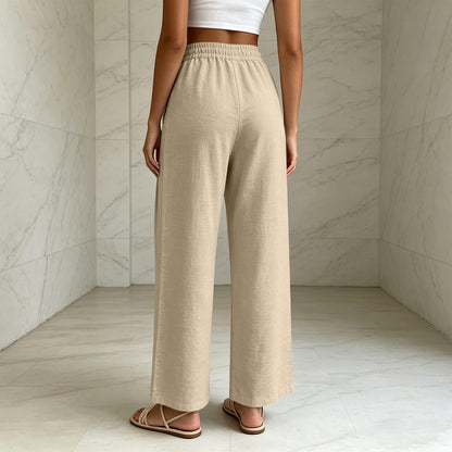 Linen Pants for Women Summer Straight Wide Leg Casual Palazzo Trousers Drawstring Comfy Casual Flowy Beach Outfits Beige