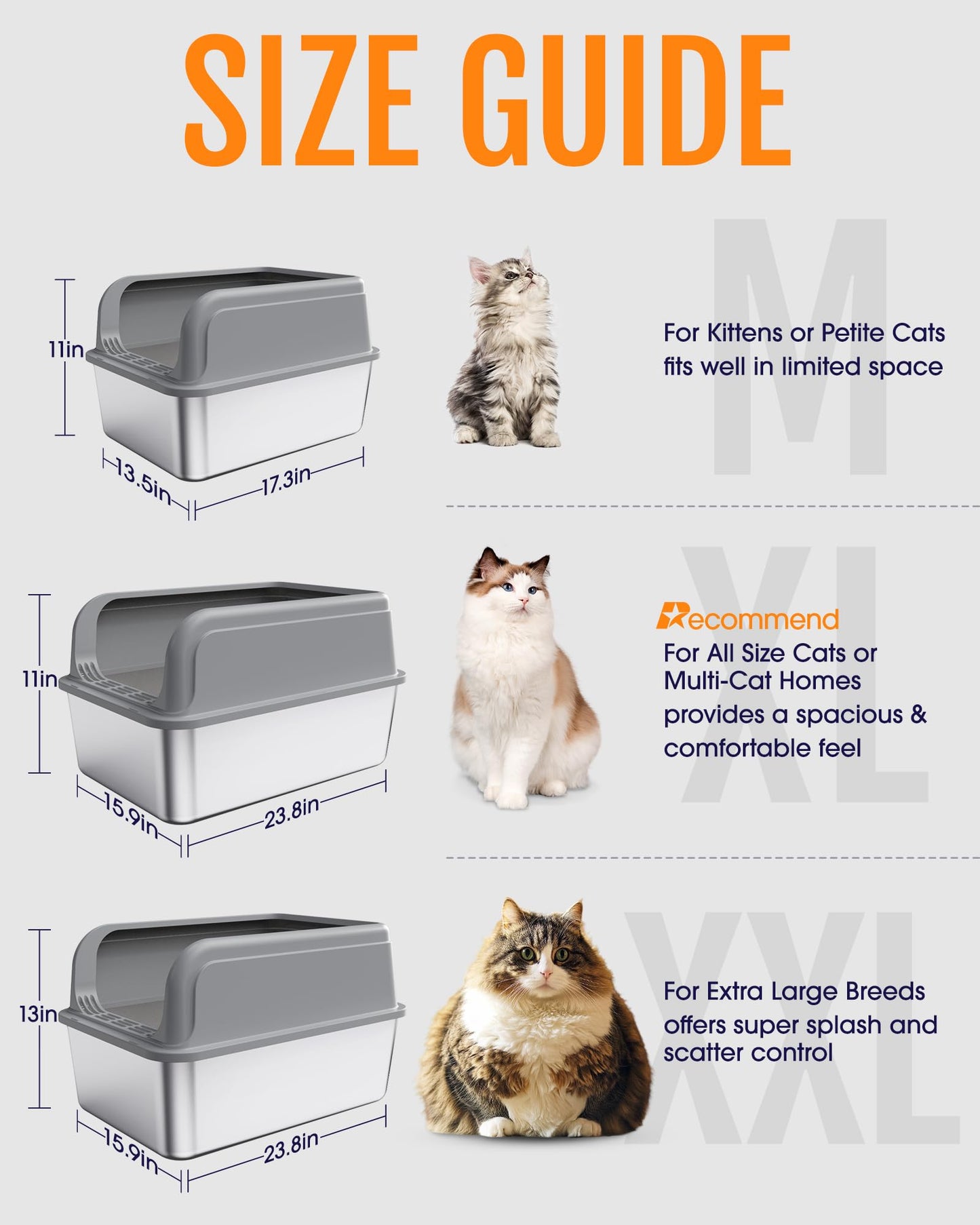 Powools Stainless Steel Cat Litter Box for Kittens, Metal Kitty Litter Box with Scoop, Anti-Leakage Top Entry, Non-Sticky, Easy to Clean, Grey, M (1 Pack)