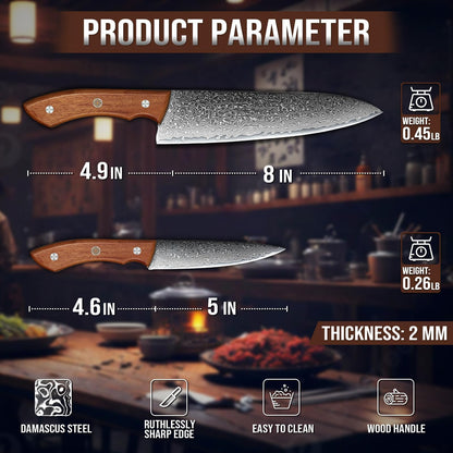 DRAGON RIOT Damascus Chef Knife Set, 2pcs VG10 Steel Kitchen Knife Set, Ultra Sharp Blade & Ergonomic Wooden Handle, Full Tang Forged Damascus Kitchen Cooking Knife Set with Gift Box,Christmas Gift