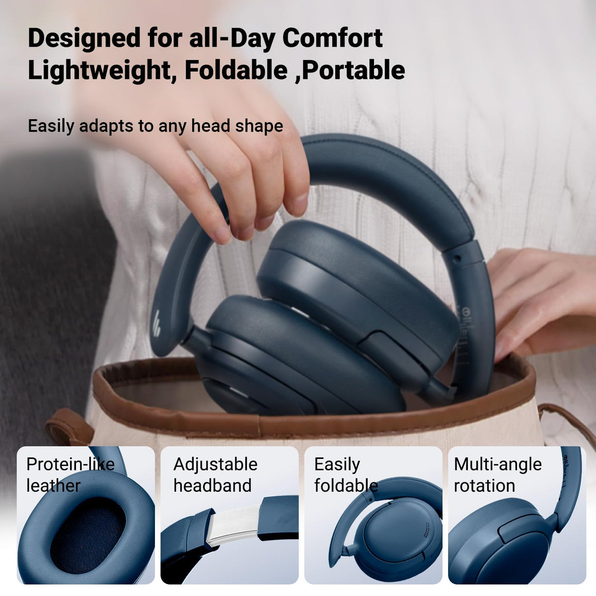 Edifier V80 Hybrid Active Noise Cancelling Bluetooth Headphones, Wireless Over Ear Headset with 45H Playtime, Wired Hi-Res Audio Fast Charging Multipoint Connection for Home Travel Office - Navy Blue