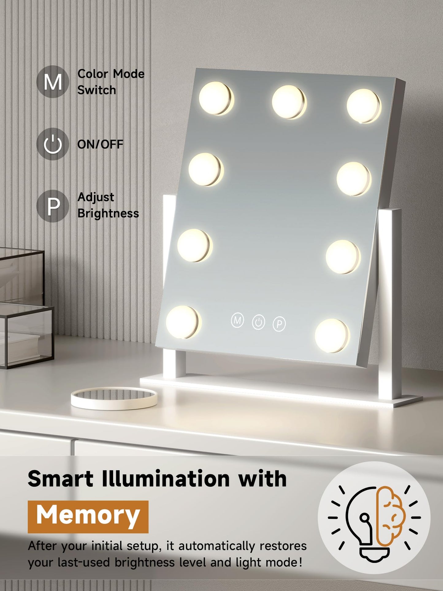 PUKANIUM Vanity Mirror with Light, Hollywood Mirror with Light, Makeup Mirror, 9 Dimmable LED Bulbs, 3 Colors Modes,Smart Touch Control, White