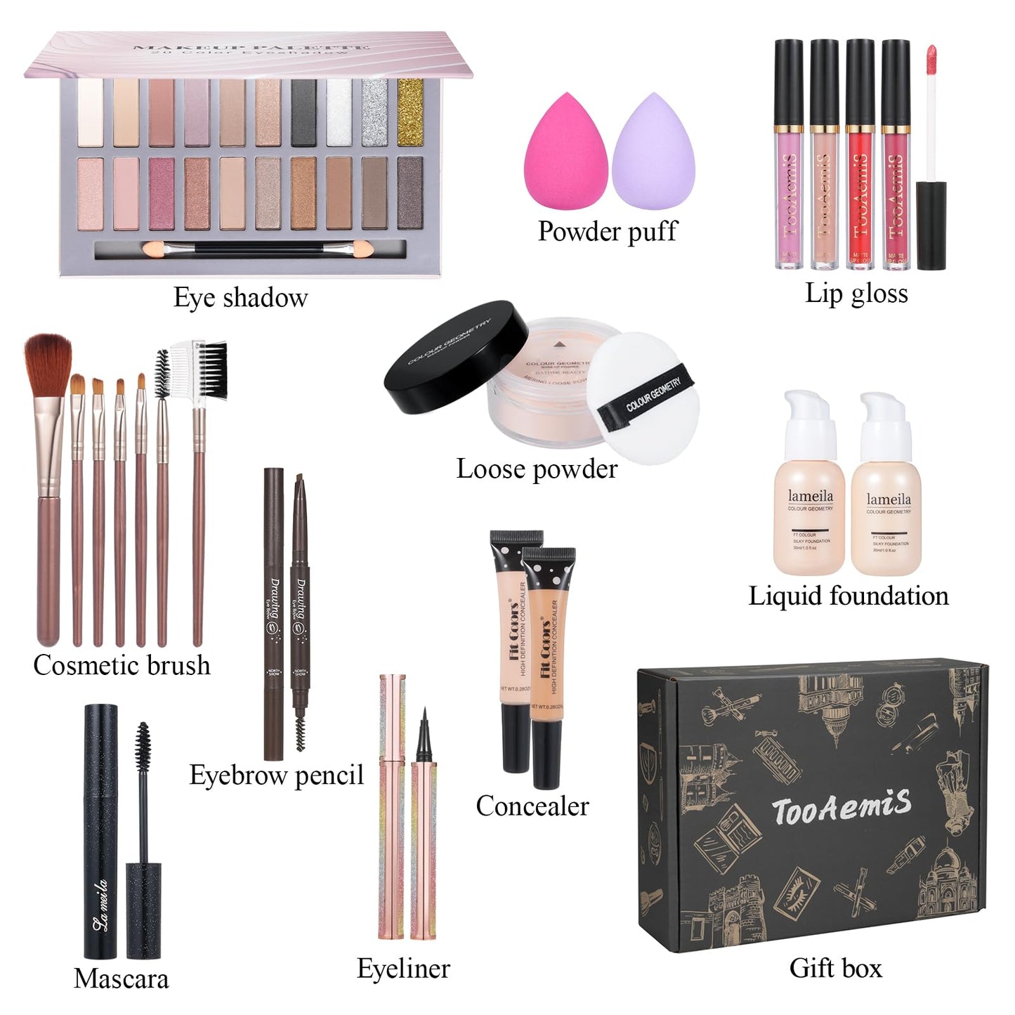 All-in-One Makeup Kit - 39-Color Eyeshadow Palette, Liquid Foundation, Loose Powder, Eyebrow Pencil, 4-Color Lip Gloss Set