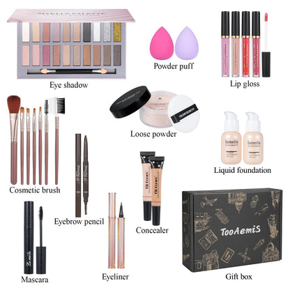 All-in-One Makeup Kit - 39-Color Eyeshadow Palette, Liquid Foundation, Loose Powder, Eyebrow Pencil, 4-Color Lip Gloss Set