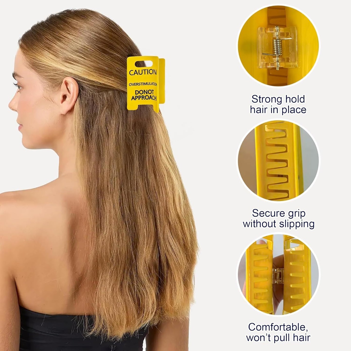 2Pcs Overstimulated Caution Sign Hair Claw Clip, Yellow Do Not Approach Hair Clip for Thick Hair, Strong Grip Funny Hair Accessories for Women, Coworkers & Friends, Funny Gag Gift (Small+Large)