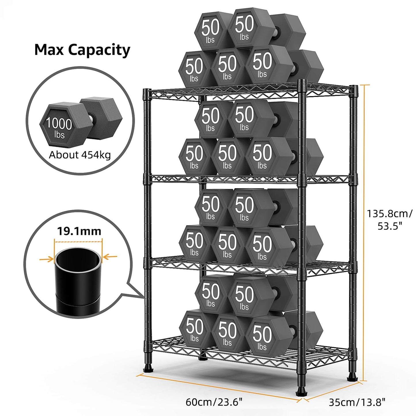 MZG 1000 lbs Storage Shelving Steel Heavy Duty 4-Tier Utility Shelving Unit Steel Organizer Wire Rack for Home,Kitchen,Office,Black 35 D x 60 W x 135.8 H (cm)