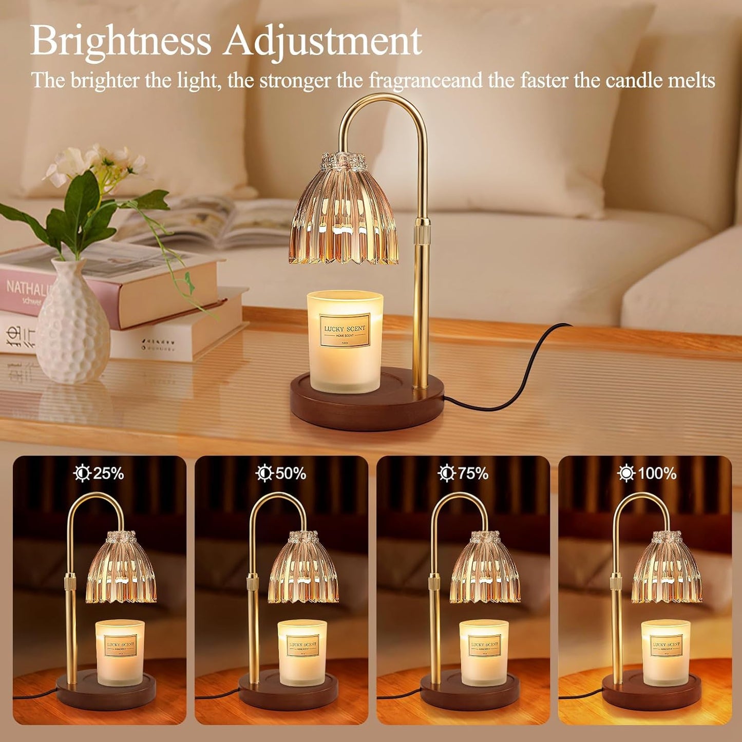 YudouTech Candle Warmer Lamp, Adjustable Height Electric Candle Warmer Lamp with Timer and Dimmer Stylish Design for New Home Office Modern Décor Gifts,Brown