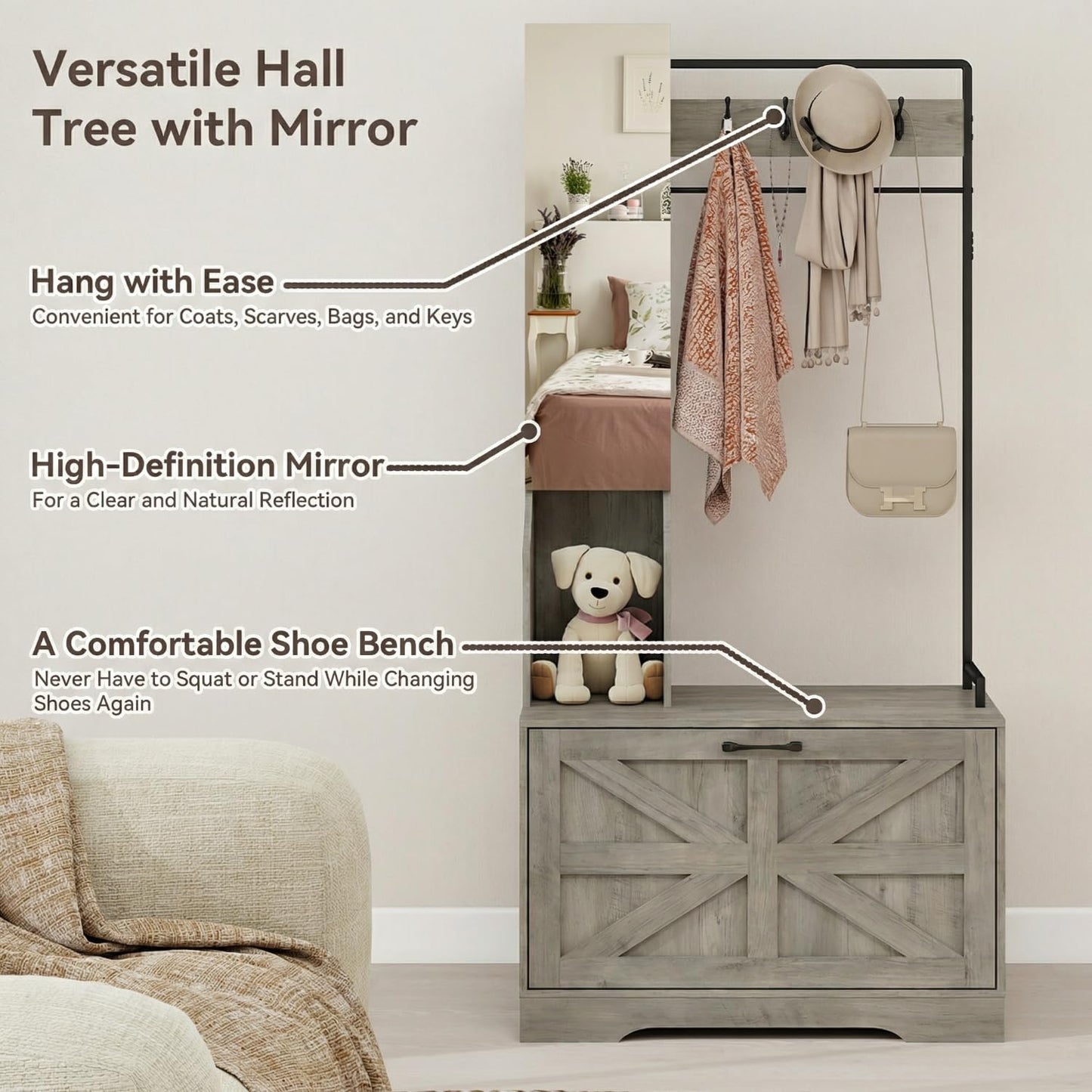 Hall Tree with Bench, Entryway Bench with Mirror and Shoe Rack, Grey