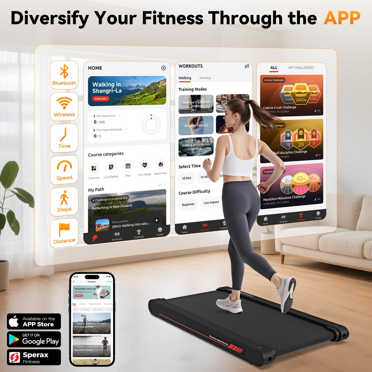 Sperax Walking Vibration Pad with APP,2.5 HP Under Desk Treadnill with Remote Control,Compact Portable Treadmill for Home and Office