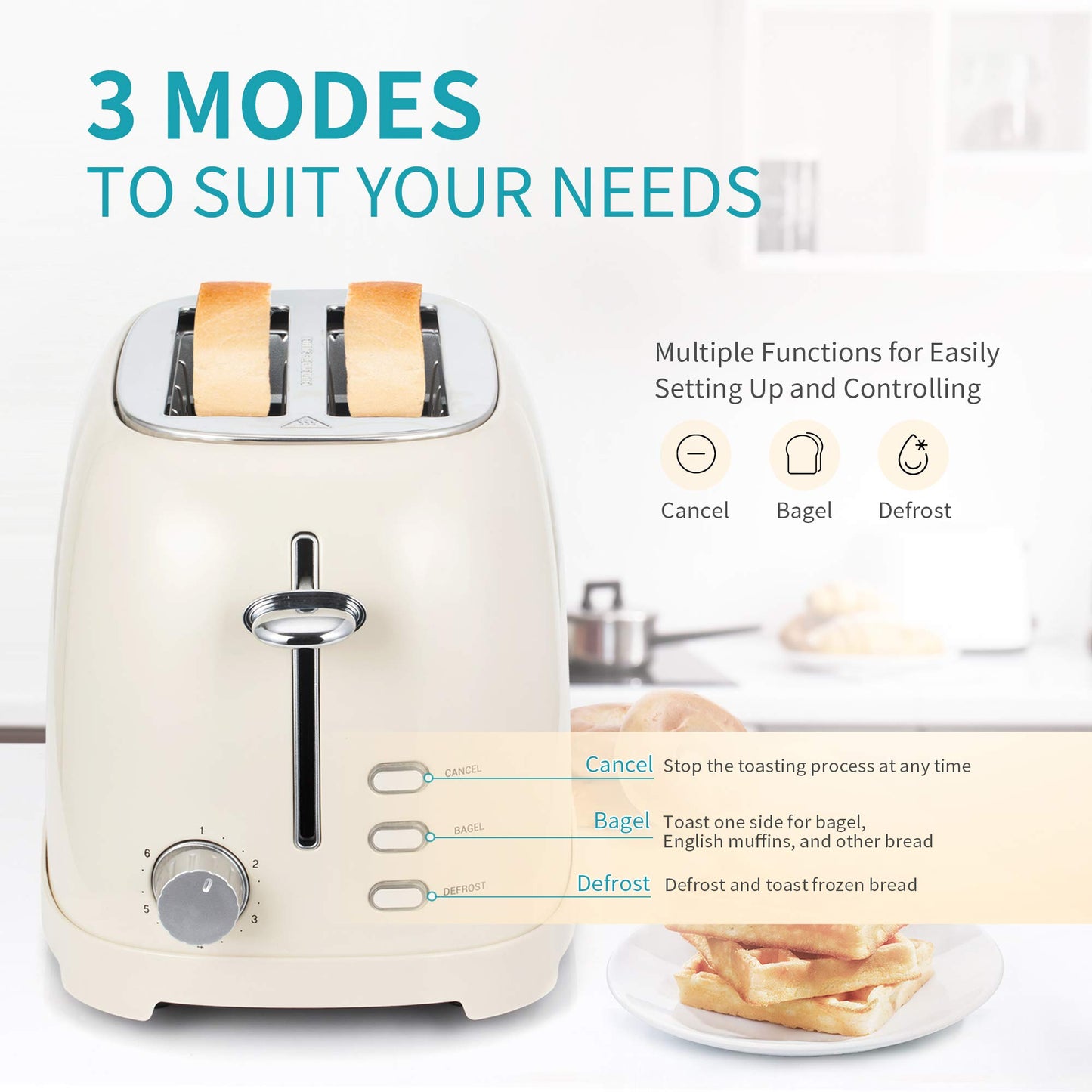 Ultrean Toaster 2 Slice with Extra-Wide Slot, Stainless Steel Toaster with Removable Crumb Tray, Small Toaster with 6 Browning Settings, Cancel, Bagel, Deforest Functions, 825 W (Cream)