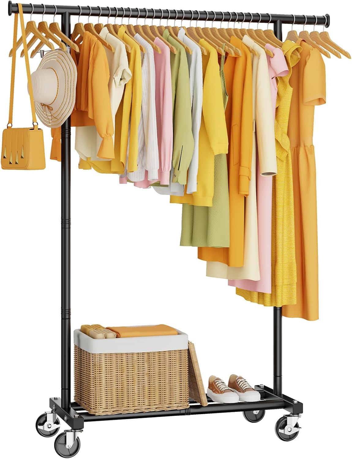 HYSEYY Clothing Rack, Rolling Clothes Rack, Metal Garment Rack with Lockable Wheels & Storage Shelf, Sturdy Coat Rack for Bedroom, Laundry Room, Portable Wardrobe Rack - 162H x 102W x 42D cm (Black)