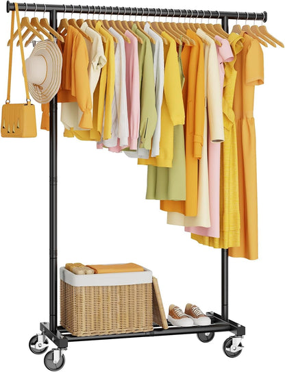 HYSEYY Clothing Rack, Rolling Clothes Rack, Metal Garment Rack with Lockable Wheels & Storage Shelf, Sturdy Coat Rack for Bedroom, Laundry Room, Portable Wardrobe Rack - 162H x 102W x 42D cm (Black)