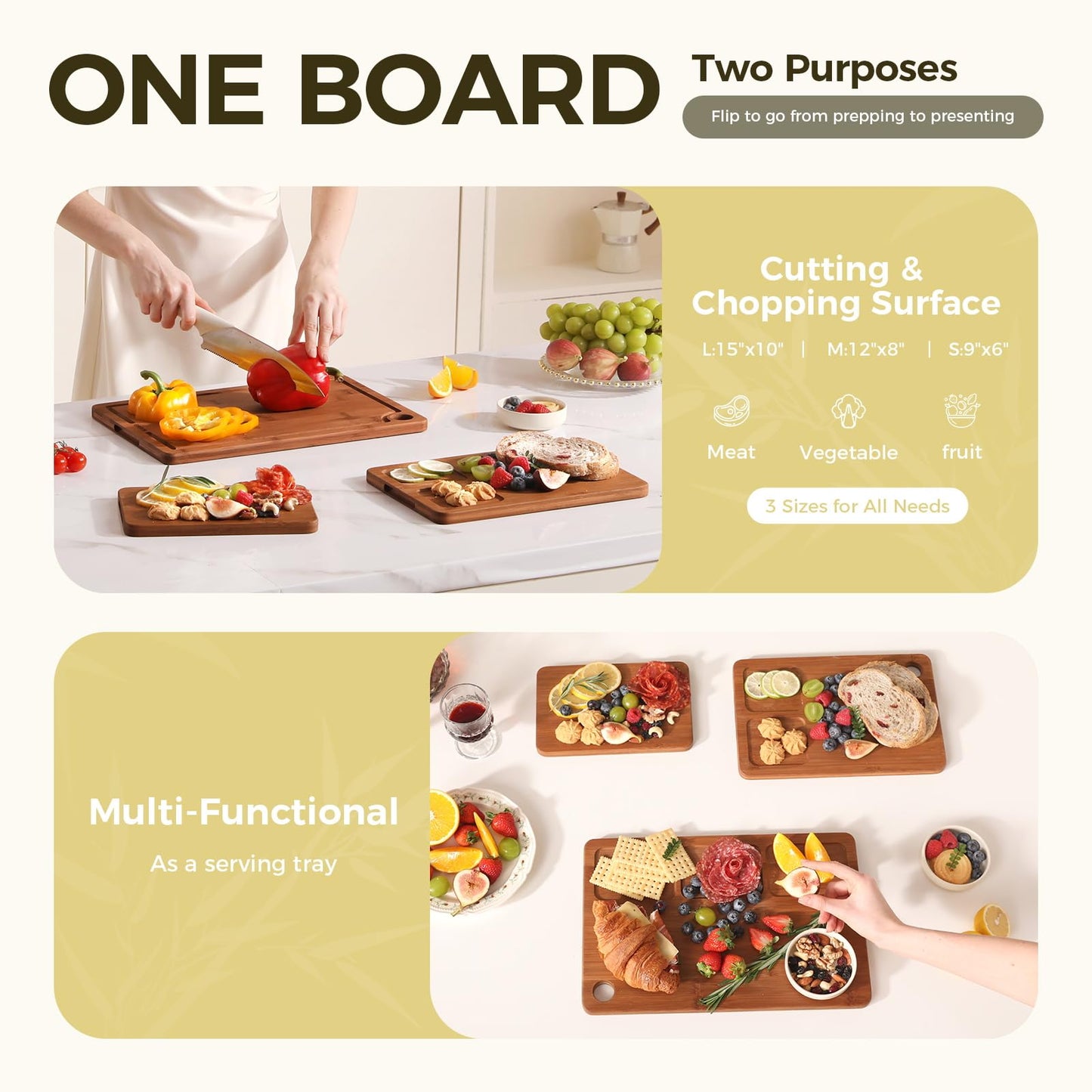 BNBUN Bamboo Cutting Board for Kitchen, Wooden Cutting Board 3-Piece Set with Non-Slip Mat Deep Juice Groove and Built-in Handles, Wood Cutting Board for Meat Vegetables Fruit Ideal Gift for the Home