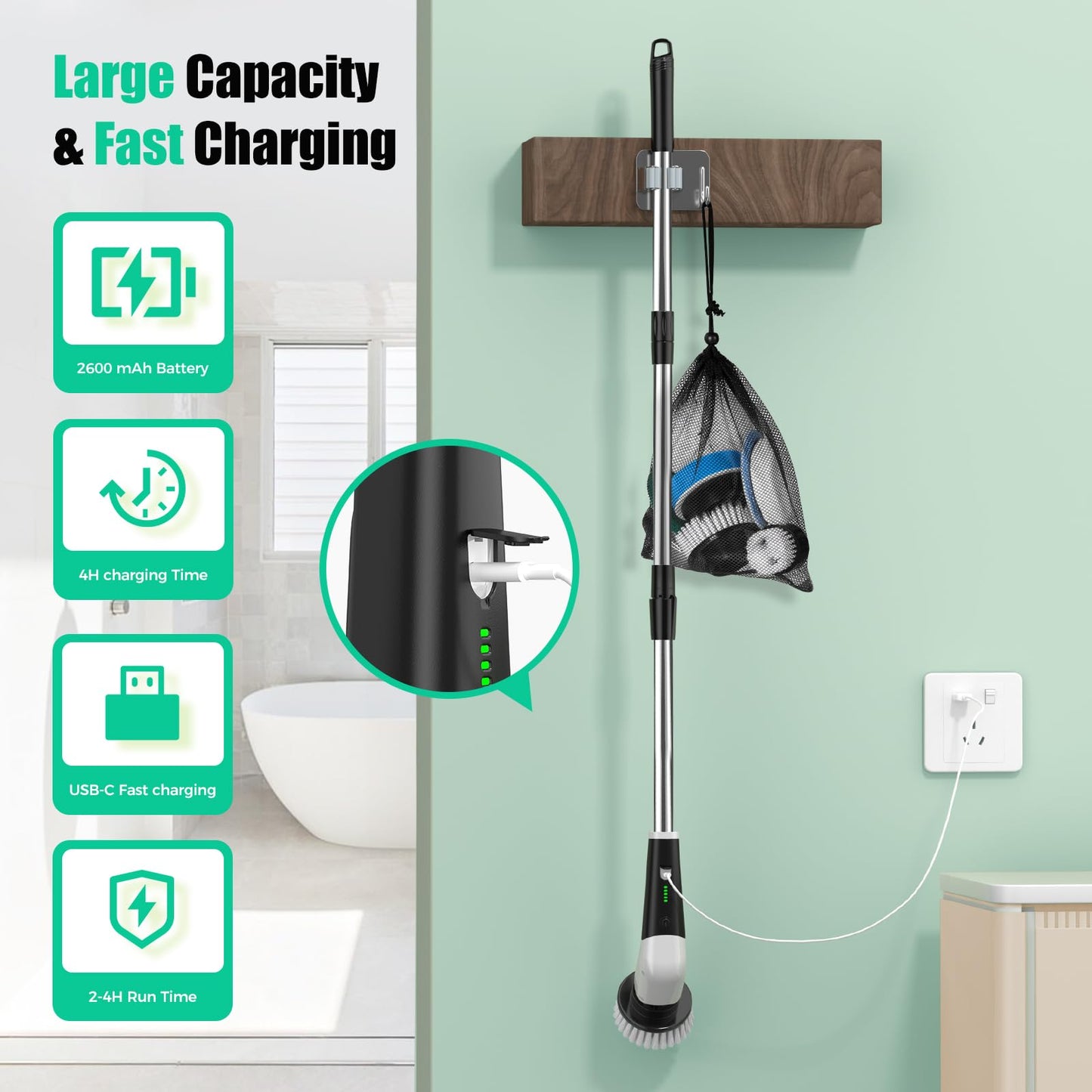 YKYI Electric Spin Scrubber, Cordless Cleaning Brush with 8 Replaceable Brush Heads, Power Scrubber with Adjustable Extension Handle for Bathroom, Tub, Tile, Floor and Kitchen Cleaning (White)