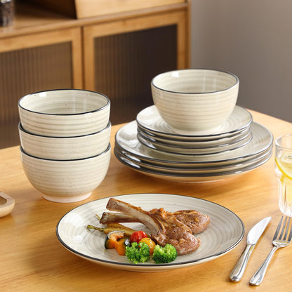 vancasso Dinnerware Sets 12 Pieces Bonbon Beige Dinner Set, Plates and Bowls Sets with Dinner Plates Bowls Handpainted Spirals Pattern Dish Sets, Service for 4