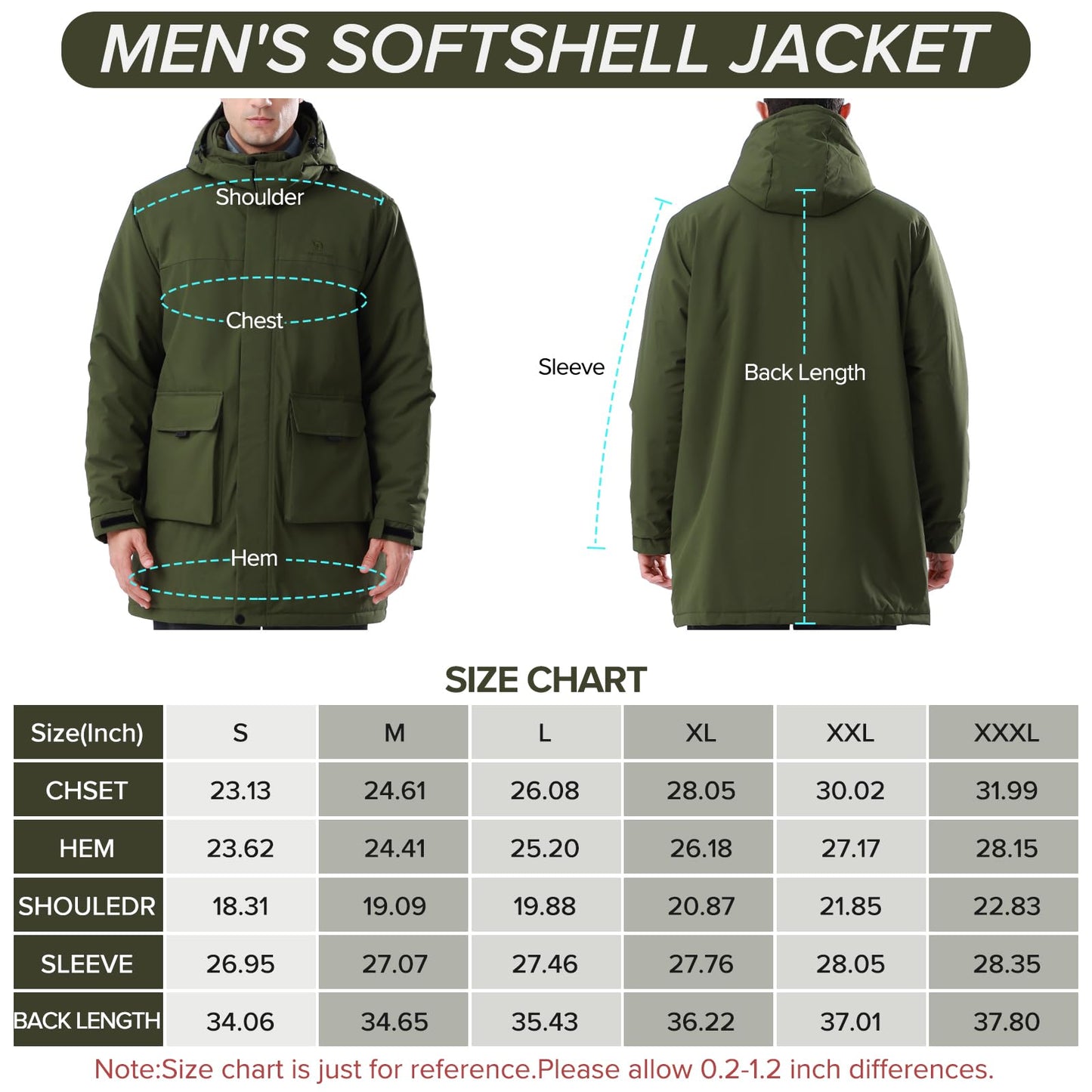 CAMELSPORTS Mens Winter Coats Long Warm Jacket with Hood Casual Quilted Puffer Parka Windproof Jackets, 601-green, Large