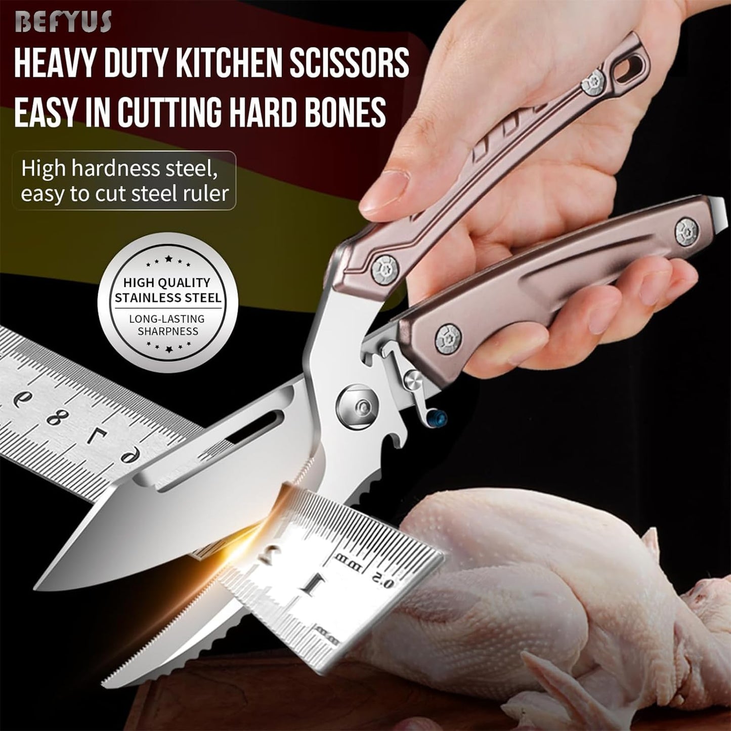 BEFYUS Kitchen Scissors Heavy Duty - Premium Kitchen Shears with Ultra Sharp Stainless Steel Multi-Function Food Scissors，Poultry Shears Scissor Tools for Cutting Chicken/Meat/Fish/Bone (Brown)
