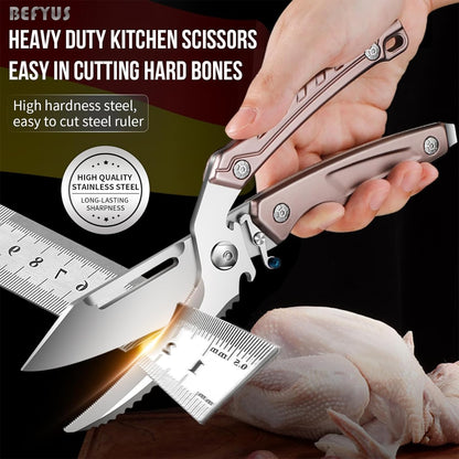BEFYUS Kitchen Scissors Heavy Duty - Premium Kitchen Shears with Ultra Sharp Stainless Steel Multi-Function Food Scissors，Poultry Shears Scissor Tools for Cutting Chicken/Meat/Fish/Bone (Brown)