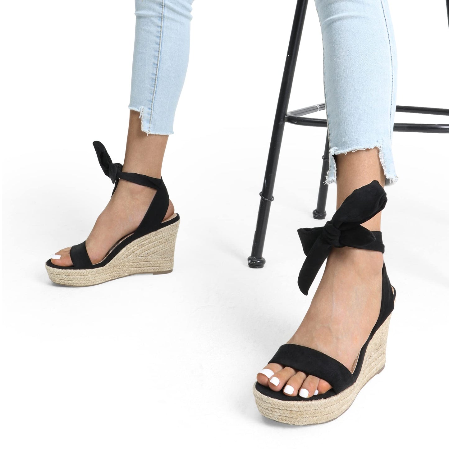 DREAM PAIRS Women's Wedge Sandals Platform Espadrilles Bow Tie Lace Up Dressy Sandals for Summer,Size 6,Black,SDPW2301W