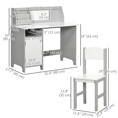 Qaba Kids Desk and Chair Set with Whiteboard, 2 Pieces Kids Study Table and Chair Set, Multi-Usage School Desk Furniture with Storage and Shelves, Computer Homework Art, Grey