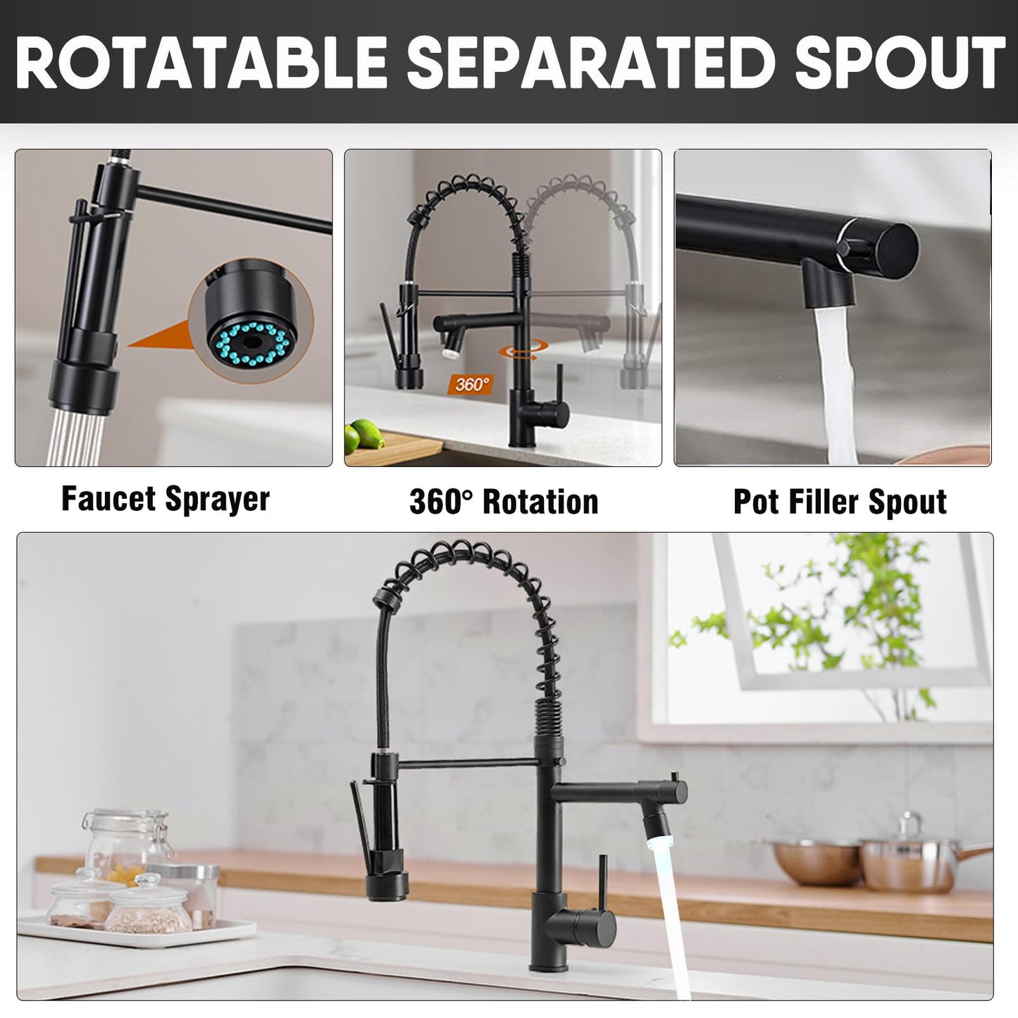 GIFTQOOL Kitchen Faucet with Pull Down Sprayer Dual Pot Filler, Matte Black Stainless Steel Kitchen Sink Faucets Single Handle High Arc Spring Commercial Tap 1 Hole Modern Faucets