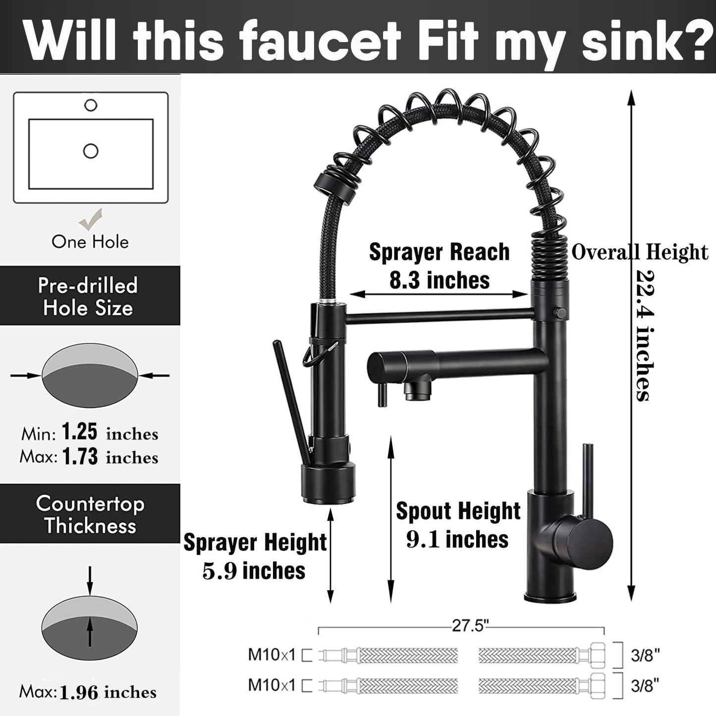 GIFTQOOL Kitchen Faucet with Pull Down Sprayer Dual Pot Filler, Matte Black Stainless Steel Kitchen Sink Faucets Single Handle High Arc Spring Commercial Tap 1 Hole Modern Faucets