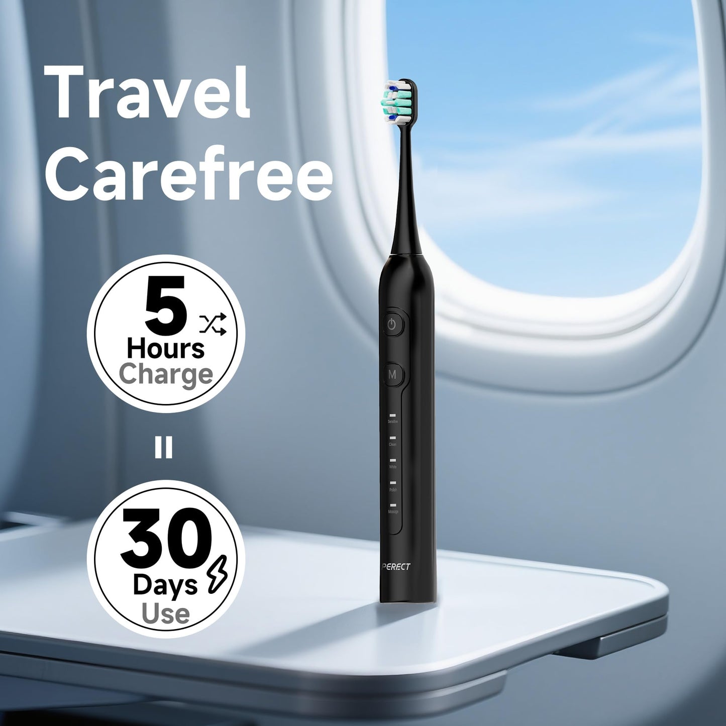 PERECT Sonic Electric Toothbrush for Adults, Rechargeable Electric Toothbrush with 6 Soft Bristle Brush Heads & Travel Case, 5 Modes 3 Intensities, 30 Days Battery, Waterproof Toothbrush（Black）