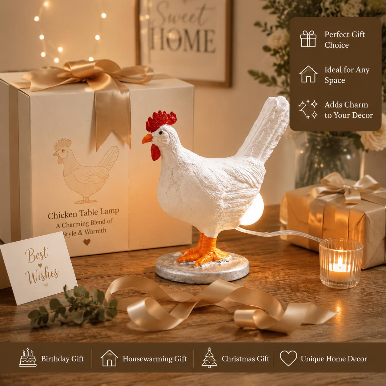 Chicken Shaped Lamp White Hen Night Light Animal Decor Farmhouse Home Gift