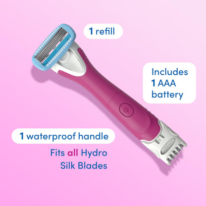 Schick Hydro Silk TrimStyle Hydrating Razor with Bikini Trimmer for Women | 2-in-1 Bikini Razor for Women and Womens Trimmer for Pubic Hair| Includes 1 Waterproof Handle, 1 Refill & 1 AAA Battery