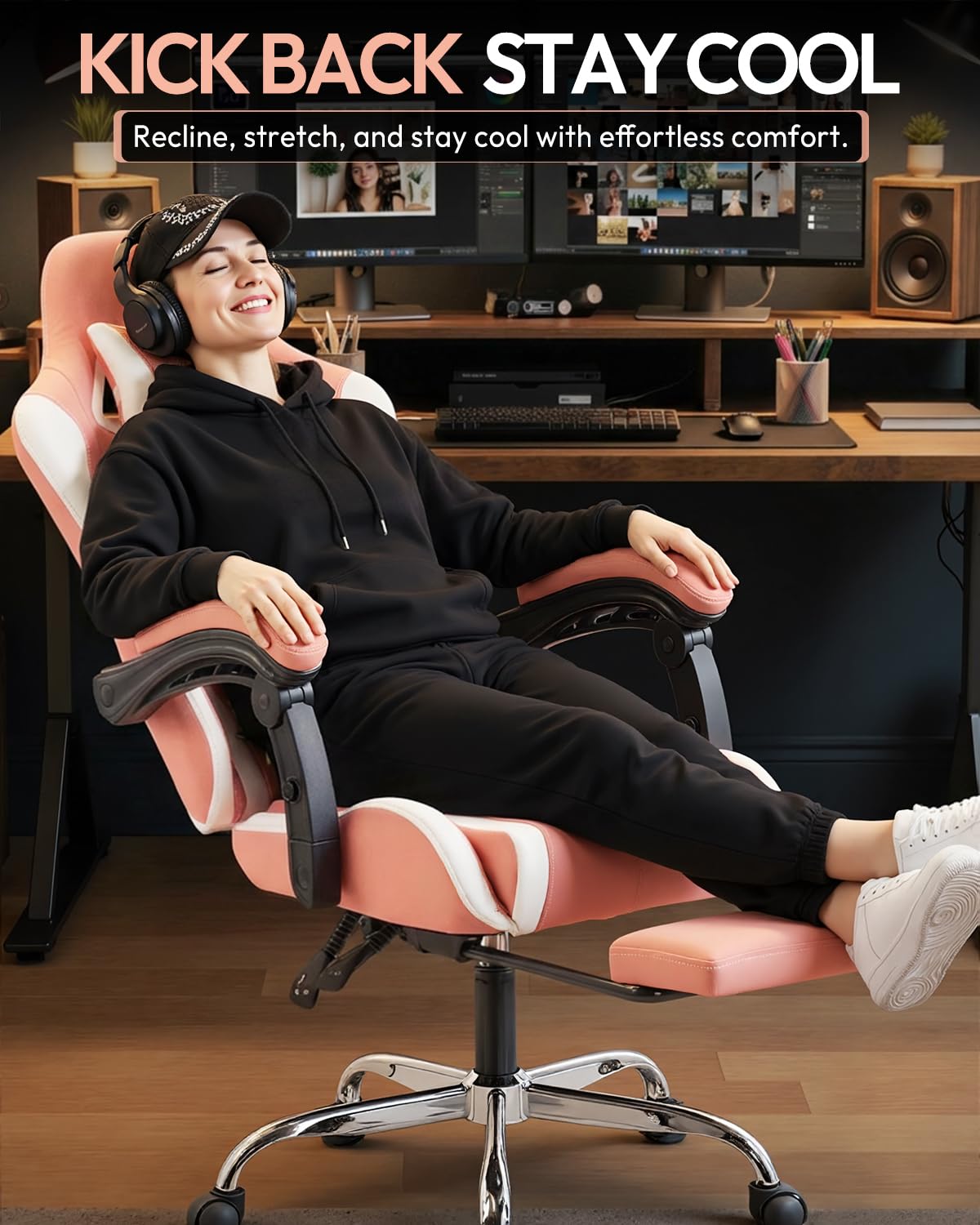 Ergonomic Gaming Chair with Footrest, Heavy Duty 330lbs Office Chair, Massage Lumbar Support, Adjustable Height & Headrest Pillow, Comfortable for Back Pain Relief, Streaming, Long Gaming, Pink