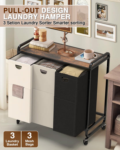 Laundry Basket with Wheels, Laundry Organizer with Large Wooden Desktop Sorter, Laundry Sorter with 3×15.8 Gal (60L) 900D Oxford Fabric Laundry Bags, Laundry Hamper 3 Section (Black-Gray-White-New)