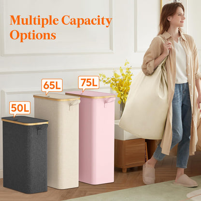 Lifewit 65L Slim Laundry Basket, Laundry Hamper with Lid, Narrow Laundry Bin with Removable Bag & Bamboo Handles, Foldable Thin Dirty Clothes Hamper for Laundry Centres Bathroom Bedroom Dorm, Beige