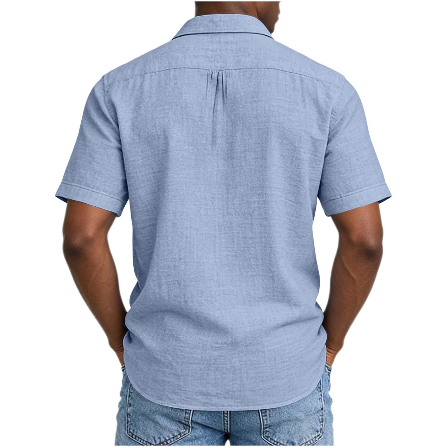 Button up Shirts Men, Mens Cotton Linen Shirts Short Sleeve Button Down Shirt Collared Dressy Casual Work Tops Beach Summer Shirts with Pockets Light Blue