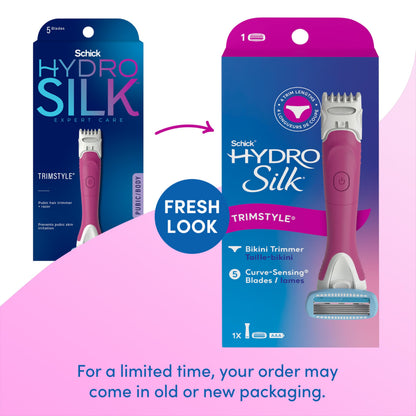 Schick Hydro Silk TrimStyle Hydrating Razor with Bikini Trimmer for Women | 2-in-1 Bikini Razor for Women and Womens Trimmer for Pubic Hair| Includes 1 Waterproof Handle, 1 Refill & 1 AAA Battery