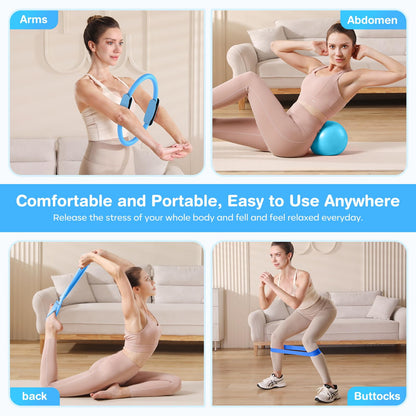 Vanlgs Pilates Kit 13Pcs Home Pilates Essentials Workout Kit with 13" Ring, 10" Ball and Resistance Bands for Women at Home Pilates Equipment Set for Beginners（Blue and White）